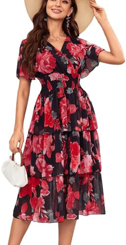 VIDUSSA Women's Floral Summer Dress Casual Short Sleeve Ruffle Tiered Layered Chiffon Flowy Swing Long Midi Dress Party Dresses Floral Black L