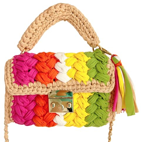 TIAASTAP klein Strohtasche Handtasche Bunt Strandtasche Stroh Bast Tasche Korbtaschen Geflochtene Umhängetasche Boho Gehäkelte Tasche Damen-Clutches Abendtasche Gewebte Crossbody Bag Straw Bag