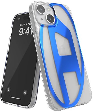 Diesel Entworfen für iPhone 14 / iPhone 13 Hülle, Klare Schutzhülle, Stoßfest Fallschutz, Kabelloses Laden kompatibel, Oval-D Logo, Blau Metallic