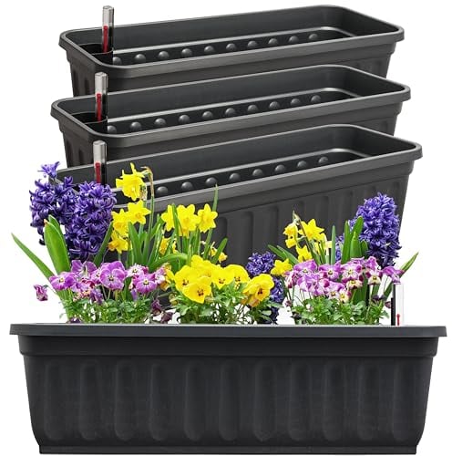 Hausfelder Blumenkasten 4er Set mit Wasserspeicher und Wasserstandsanzeige, Balkonkasten mit Bewässerung für Innen und Außen (Anthrazit-Schwarz, 60cm lang - 4er Set)