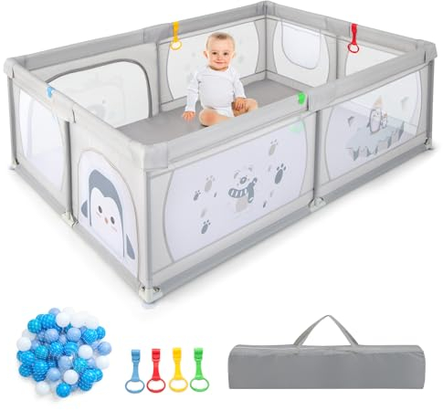 DREAMADE 200 x 140 cm Baby Laufstall, Laufgitter mit 50 Bällen & Tragetasche, Krabbelgitter für Kinder im Innen- & Außenbereich (Grau-Pinguin, ohne Matratze)