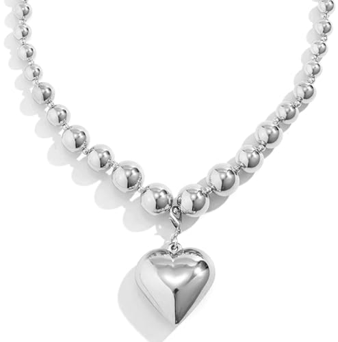 Irikdescia Herz-Choker-Halskette, Y2K-Schmuck, Klobiger, Bauschiger Großer Herz-Anhänger, Verstellbare Perlenkette, Herz-Halsketten für Frauen, Teenager, Mädchen (Silber)