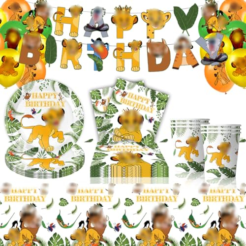 König der Löwen Partygeschirr Set, Kindergeburtstag Party Geschirr Kit, Lion King Geschirr Set Partyzubehör, Löwe Pappteller Geburtstag Dekoration Pappbecher-10 Persone (Grün-Weiß)