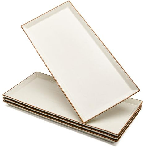 Sweese Servierplatten, Porzellan, Vanilleweiß mit braunem Rand, Serviertabletts für Partys, Essen und Truthahn, große rechteckige Teller, 39,9 cm, 4 Stück