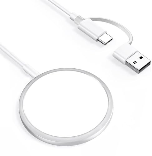 Chargeur à Induction magnétique 15W - MFi Certifié - Base magnétique vers câble de Chargement USB-C (1m) avec Port USB-A, Convient pour iPhone15/14/13/12 Pro Max Mini Plus, Chargeur Portable, Blanc