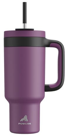 POWCAN 40 oz Tumbler with Handle, 2-in-1 Straw and Sip Lid, Leakproof, Dishwasher Safe, Insulated Stainless Steel Travel Coffee Mug, Keeps Cold for 34 Hours, Fits in Car Cup Holder (Plum)