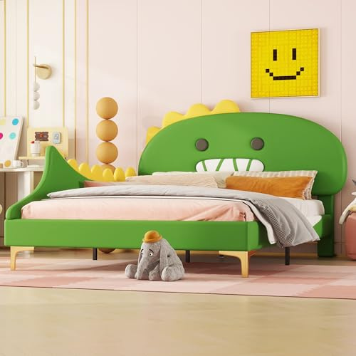 YCYDHDM Polsterbett 140 x 200 cm mit Cartoon Dinosaurier Kopfteil, Kinderbett Doppelbett mit Lattenrost, Bettgestell aus Massivholz, für Kinderzimmer, PU-Leder, Ohne Matratze, Grün