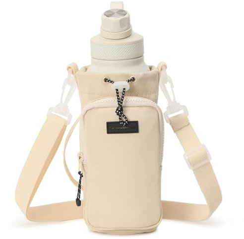 SEPWIK Water Bottle Carrier Bag With Phone Pocket - 40oz Holder Pouch With Adjustable Strap, Sleeve for Walking, Hiking, Camping, Gym - Scandihome Series Cream