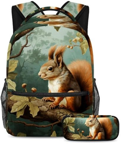 Schulranzen Set - Waldtiere Baum Eichhörnchen 62 Rucksack mit Federmäppchen Combo, ideal für Schüler, Jungen und Mädchen, Waldtiere Baum Eichhörnchen, Größe L
