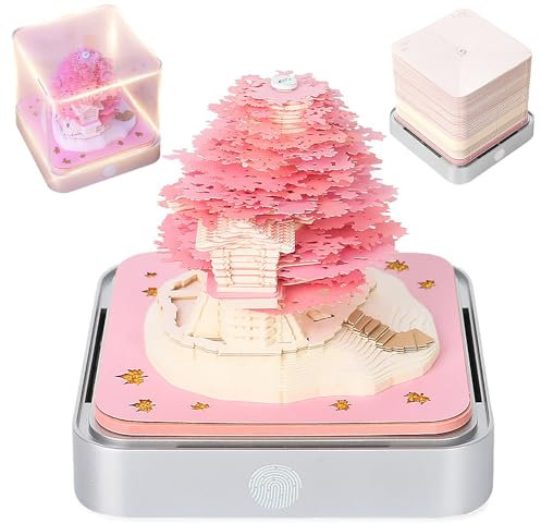 AVCXEC 3D Kalender Abreißen 2026, Schreibtisch kalender mit Lichtern, 3D-Notizblock, 2026 3D Tischkalender, 3D Memo Pad Kalender, Schreibtisch Kalender 3D Memo Pad Papier Kunst Sakura Baum (Rosa Baum)