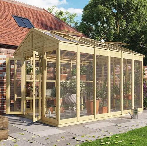 BillyOh Switch 12x8 Greenhouse Polycarbonate Sheets Roof, Pressure Treated Wooden Green House for Garden, Extra Thick Framing, Modular Design & Optional Planting Tables for Outdoor Use