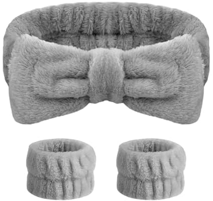 Grey Wrist Bands for Face Washing Headbands and Wristbands Pink Bowknot Spa Headband for Skincare Wrist Towels for Washing Face Head Bands for Make Up Wrist Band for Skin Care Bow Headband and Cuffs