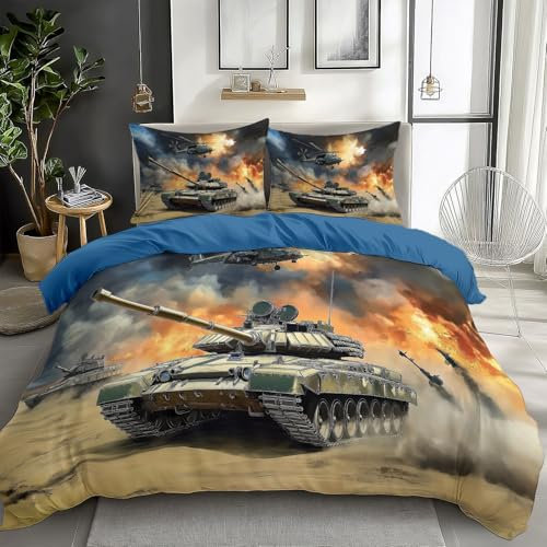 Quixora Bettwäsche Schlachtfeld Panzer Hubschrauber Muster 155 x 220 cm Wendebettwäsche aus Mikrofaser für Mädchen und Damen, Blau, Mit 80x80 cm Kissenbezug und Reißverschluss