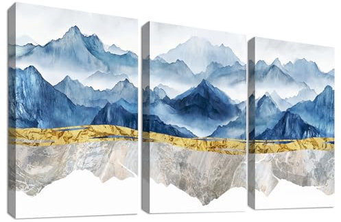 3 Pcs Montagna Nebbiosa Stampa su tela Con Cornice Grigio Blu Oro Montagna Paesaggio Pittura Quadri su tela Quadri Moderni Camera da Letto Soggiorno Decorazioni Murale 90x40cm(12x16x3pcs)