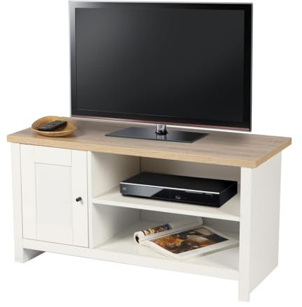 PRICE FACTORY Meuble TV avec 2 niches et 1 Porte Design Colonial – 95x40xH49 cm, Coloris Blanc et Plateau chêne Clair – Collection Madera