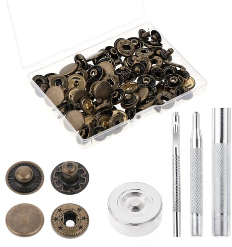 Set di 24 bottoni a pressione in pelle resistenti, piastra in ottone anticato, bottoni a pressione in metallo da 15 mm, rivetti in pelle e bottoni a pressione con 4 strumenti per il cucito