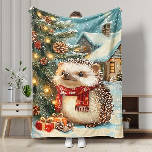 Coperta natalizia in pile con riccio, simpatica coperta invernale con animali del bosco, morbida e accogliente coperta per divano e letto, per tutte le stagioni, 127 x 152 cm