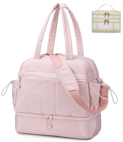BAGZY Reisetasche Damen Groß Puffer Bag 32L Handgepäck Tasche Travel Duffle Bag Sporttaschen Weekender Mommy Kliniktasche mit Nassfach Schuhtasche für Flugzeug Sport Gym Travel Rosa
