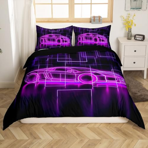 Loussiesd Kinder Jungen Rennauto Bettwäsche Set 200x200cm Extreme Sport Auto Betten Set Jungen Zimmer Dekor, Rennauto Bettbezug Set Geometrische Lila Schwarz Geschwindigkeit Luxus Auto Bettwäsche-Set