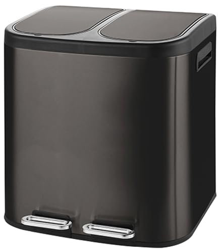QPQPQ Poubelle de Cuisine rectangulaire à Deux Compartiments, Poubelle en Acier Inoxydable, Poubelle résistante aux Taches avec Couvercle et pédale,Noir,30L