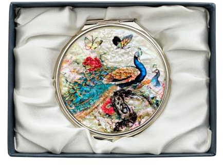 February Mountain Elegant Butterfly and Floral Mother of Pearl Compact Mirror, Dual Magnification (1X & 2.5X) – Lightweight Travel Makeup Mirror in Gift Box (Peacock White)