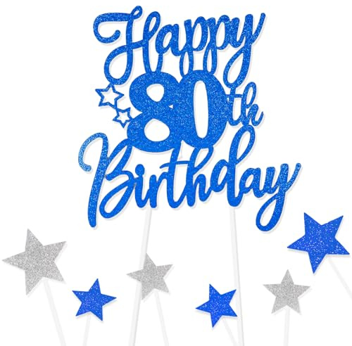 Royal Blue Happy 80th Birthday Cake Toppers for Cake,Personalised Cake Toppers for Boy Men Girl Women Decorations,Glitter Cupcake Topper Cake Topper Kit 80th Birthday Party Cake Decoration Supplies