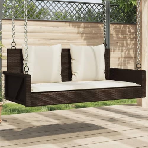 Gecheer Schaukelbank mit braunen Kissen, 119 x 56 x 48 cm, Polyrattan, Schaukelbank für den Außenbereich, 2-Sitzer-Hollywoodschaukel für den Außenbereich, P365630
