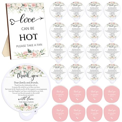 Wenqik Wedding Favors for Guests 100 Set Hand Fans Gifts with 1 Wooden Sign Bulk for Bridal Shower Wedding Souvenirs Foldable Round Fans with Storage Bags (Flower)