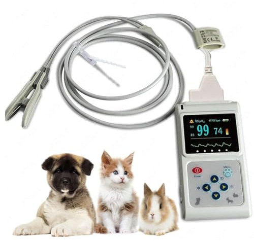 Pulsioxímetro veterinario, pulsioxímetro portátil, sensor de oído/lengua, con sonda y cable USB, función de almacenamiento y reproducción, para uso en hospitales familiares y veterinarios.