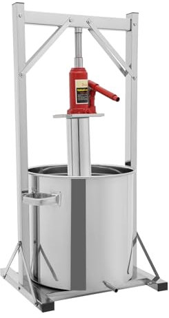 Presse à fruits 22 l - Presse-vin - Pression 3T - En acier inoxydable - Avec pelle filtrante - Support - Pelle extérieure et cric hydraulique - Pour presser les légumes, le vin, la purée - Argenté