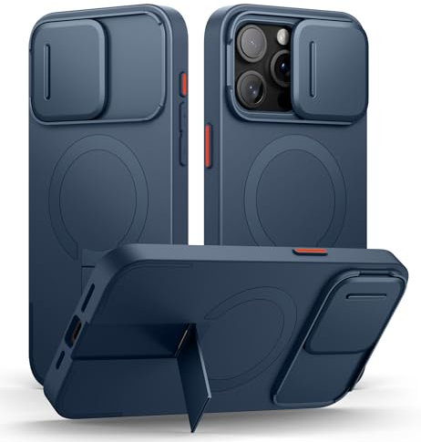 SURITCH Coque Magnétique Compatible avec iPhone 15 Pro Max, Coque de Protection avec Couvercle Coulissant pour Appareil Photo et Support réglable(Bleu foncé)