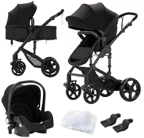 Passeggino 3 in 1,passeggino reversibile,telaio triangolare e doppia sospensione a molla,chiusura con un clic per neonati e bambini piccoli(nero)