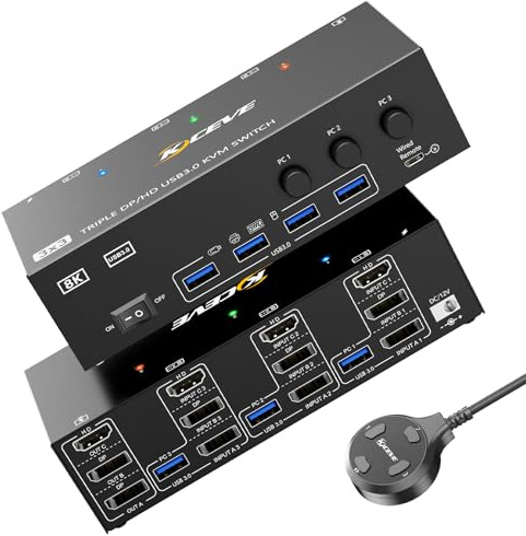 KVM Switch 3 Monitore 3 PC, 4K@60 Displayport HDMI USB 3.0 KVM-Umschalter Dreifachanzeige mit 4 USB 3.0 Ports Tastatur und Desktop-Controller