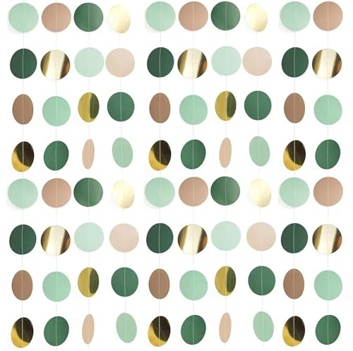 Ainmto Green and Gold Hanging Paper Garland,Circle Dots Paper Decoration for Party(52 Ft/4 Pack)