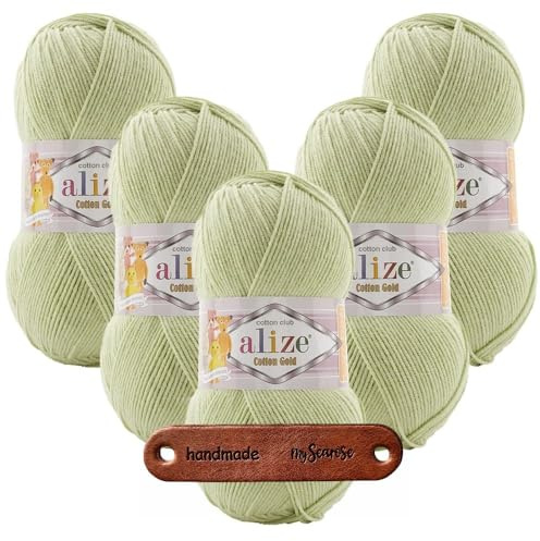 ALIZE 5 x 100g Cotton Gold 103 asparagus Premium Wolle weich und angenehm für Tops Kleider und Accessoires für Frühling und Sommer, Amigurumi, Babydecke und Wohnaccessoires mit mySearose Label