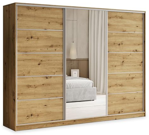 Masseno Schwebetürenschrank PINA 235/205/58 cm Kleiderschrank mit 4 Schubladen Schlafzimmer Schiebetürenschrank 3-türig mit Spiegel Eiche Artisan