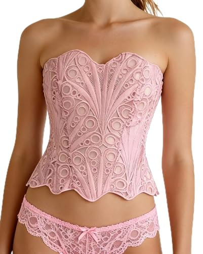 bslingerie Women Lace Trim Floral Sheer Lace Up Patchwork Bustier Corset Top