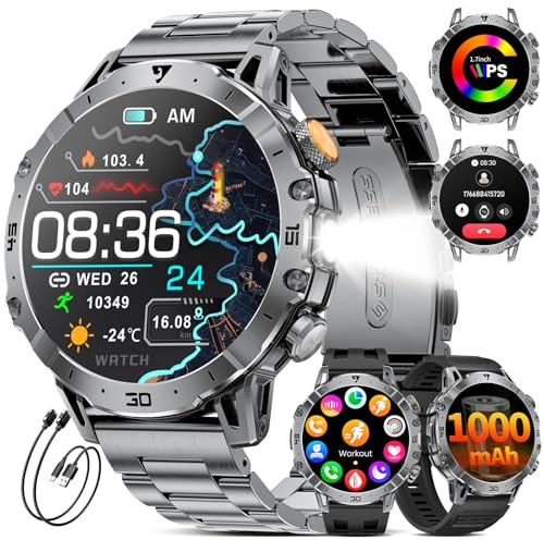 LIGE Smartwatch Uomo con 1000mAh/Torcia LED,Chiamata Bluetooth,1.7 Smart Watch Militare con 110+ Modalità Sportive,Impermeabile,Frequenza Cardiaca, Android iOS,3 Braccialetti+2 Caricabatterie,EF18-A