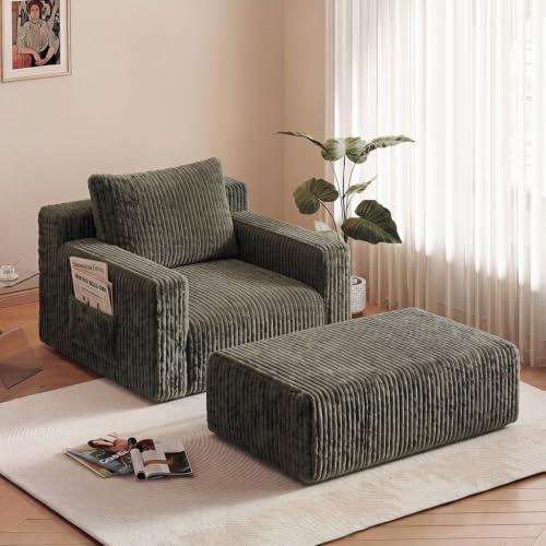 HAUSPROFI 2-in-1-Schlafsofa aus Cord mit Hocker für Gäste – Bodensofa mit 3 Kissen, Einzelsofa und Schlafsessel mit Seitentasche für Wohn- und Schlafzimmer