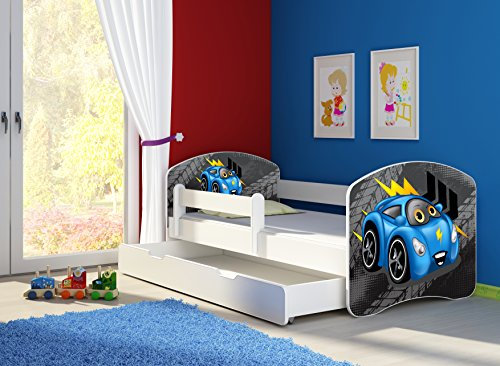 CLAMARO 'Fantasia Weiß' 180 x 80 Kinderbett Set inkl. Matratze, Lattenrost und mit Bettkasten Schublade, mit verstellbarem Rausfallschutz und Kantenschutzleisten, Design: 04 Rennwagen Blau