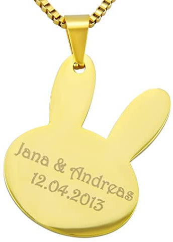 Hanessa Personalisierte Kette mit Gravur Edelstahl 50 cm mit Anhänger Hase Bunny in gold - Personalisierte Halskette für Männer und Frauen - Personalisierter Schmuck Damen Herren