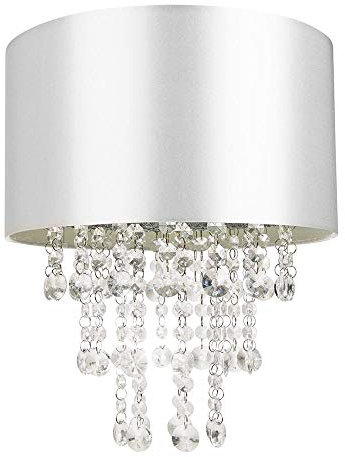 Modern and Eye-Catching Grey Satin Fabric Pendant Light Shade with Hanging Transparent Acrylic Droplets | 30cm Diameter by Happy Homewares