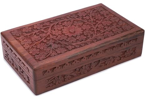 Ajuny Handgefertigter Dekorativer antiker Holz Andenken Schmuck Organizer handgefertigt vielseitig einsetzbar mit aufwendigen Blumenschnitzereien Schmuck Andenken Aufbewahrungsbox Uhrenbox 10x6 Zoll