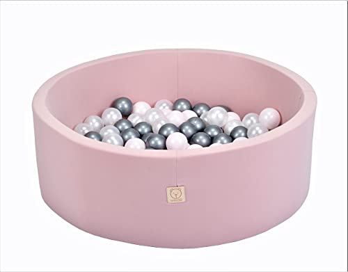 MISIOO Smart Bällebad - Bällebad Kinder für Baby Zimmer - Bällebad Baby - 150 Bälle für Bällebad - Baby Spielzeug - Maschinenwaschbar - Öko-Tex - 90 x 30 cm - Rosa - Rosa/Weiß/Silber Bälle