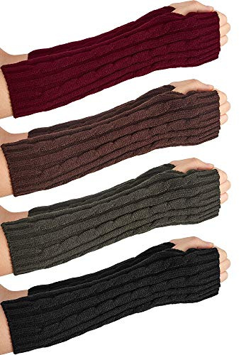 Geyoga 4 Pairs Arm Warmers for Women Winter Long Fingerless Gloves Knit Arm Sleeves with Thumb Hole for Women Adult(Black, Dark Gray, Wine Red, Coffee)