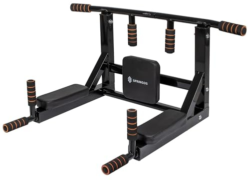 SPRINGOS Wandmontierte Klimmzugstange 3 in 1 + Dip-Stangen + Rückenlehne aus Stahl Dip Bar Pull up Stange Krafttraining Bodybuilding