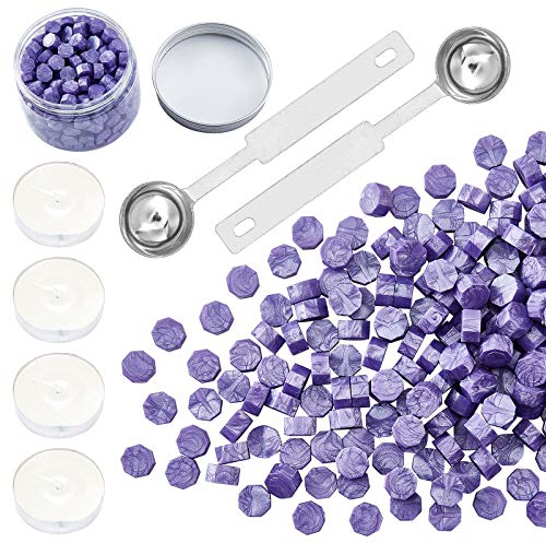 craspire 300 Stück Octagon Sealing Wax Beads Sticks Mit 4 Stück Teekerzen Und 2 Stück Wax Melting Spoon Zum Versiegeln von Wachsstempeln (Pearl Purple)