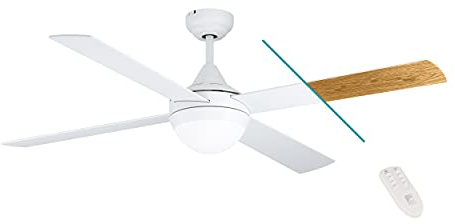 EGLO Deckenventilator VARADERO, 4 Flügel Ventilator mit Licht, Wendeflügel aus MDF in Weiß oder Eiche, Gehäuse aus Stahl in Weiß matt, Fernbedienung, Timer, Sommer Winter Betrieb, AC Motor, Ø 122cm
