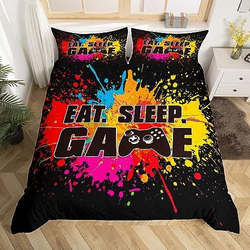 Gamer Bettbezug Set Jungen Schwarz Gamepad Bettwäsche Set 135x200cm für Kinder Jugendliche Bunte Tie Dye Betten Set Luxus Neuheit Game Controller Dekor Raumdekor 2St., Reißverschluss
