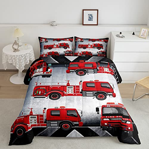 Manfei Feuerwehrwagen-Bettwäsche-Set, Doppelgröße, rot, Feuerwehrauto, Bettdecke, Einsatz, Cartoon, Feuerwehrmann, Auto, Fahrzeug, Bettwäsche-Set, Transport, Dowm-Bettdecke mit 1 Kissenbezug